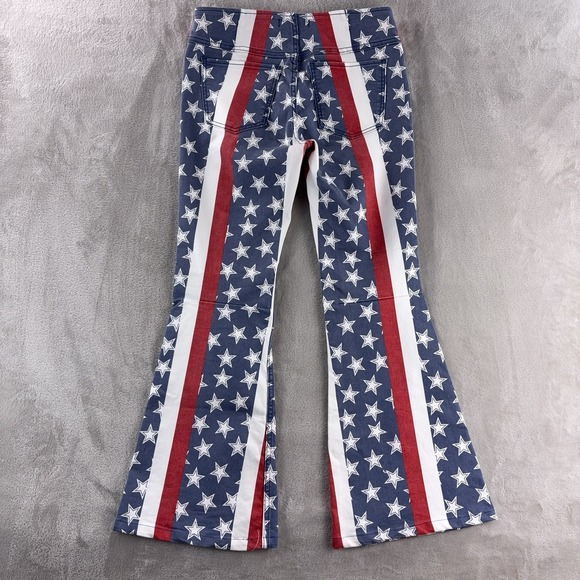 Free People Penny Pull On Jeans Womens Size 29x29 Blue Red Stars Stripe Flare - Picture 2 of 6